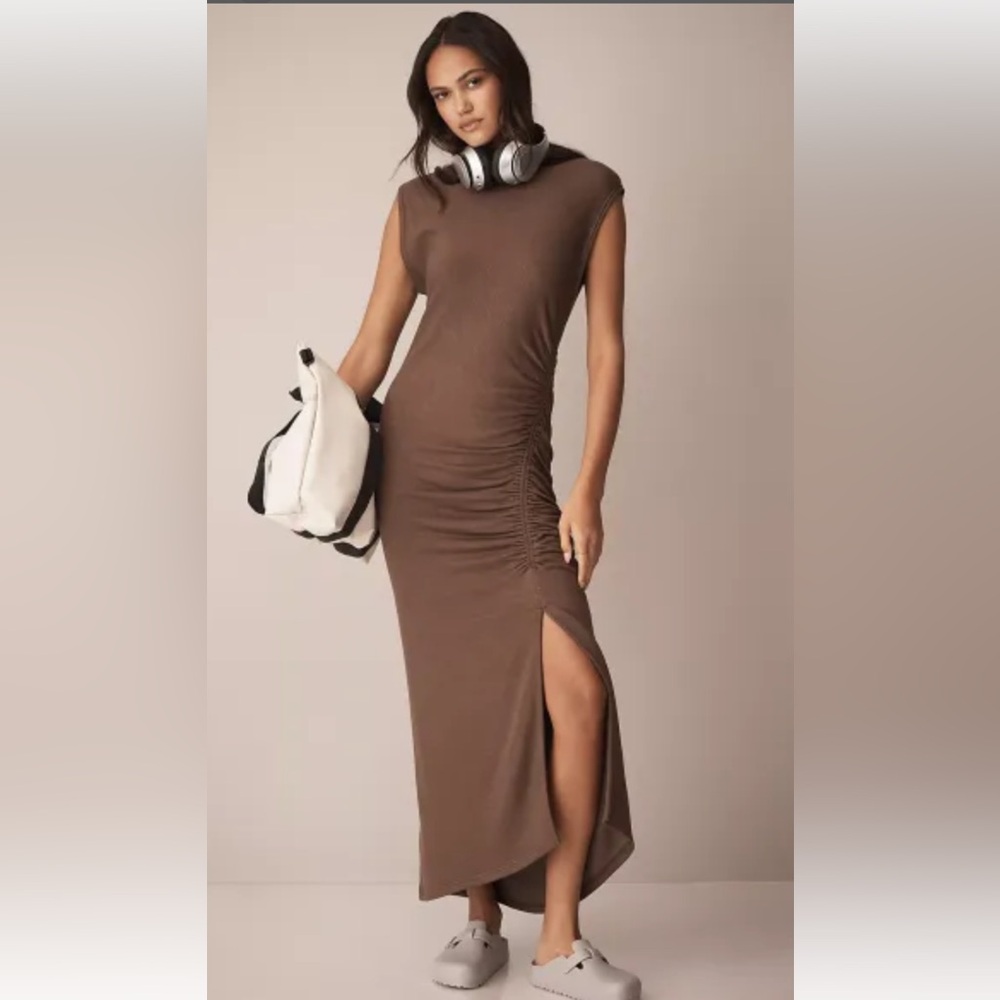Anthropologie brand Sundry Brown Ruched fleece cotton cozy Dress